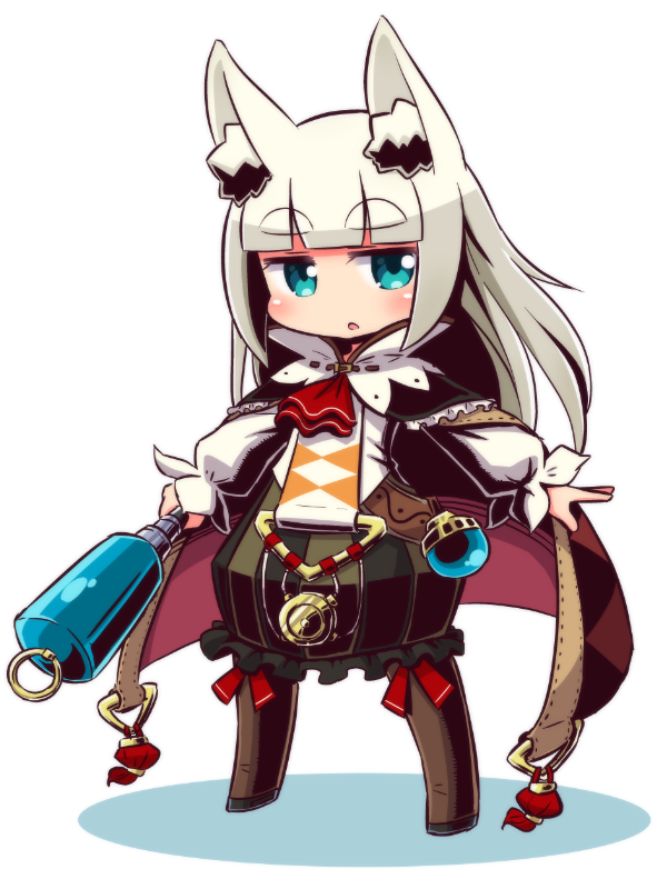 1girl 7th_dragon 7th_dragon_(series) :o animal_ear_fluff animal_ears ascot bangs black_skirt blunt_bangs blush boots brown_cape brown_footwear cape chibi commentary_request fox_ears frilled_skirt frills full_body grey_hair holding ikurakun_(7th_dragon) knee_boots long_hair long_sleeves looking_at_viewer naga_u parted_lips puffy_long_sleeves puffy_sleeves red_neckwear shadow shirt skirt sleeves_past_wrists solo standing striped thick_eyebrows vertical-striped_skirt vertical_stripes white_background white_shirt