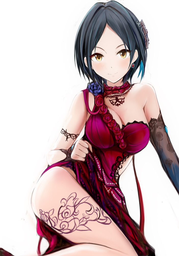 1girl bangs black_hair blush breasts cleavage dress dress_lift earrings elbow_gloves gloves hair_ornament hayami_kanade idolmaster idolmaster_cinderella_girls jewelry lace large_breasts looking_at_viewer nannacy7 off_shoulder red_dress ribbon short_hair side_slit simple_background sitting smile solo tattoo thighs white_background yellow_eyes