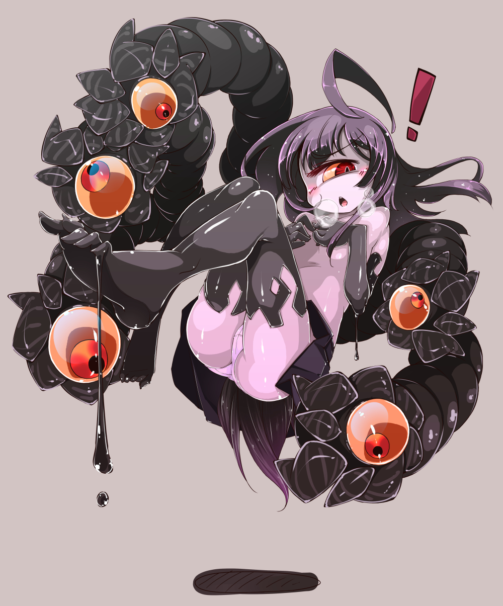 1girl :o ahoge ass bangs barefoot black_hair commentary_request covering covering_breasts cyclops extra_eyes eyebrows_visible_through_hair floating gazer_(monster_girl_encyclopedia) grey_background highres legs_together long_hair monster_girl monster_girl_encyclopedia one-eyed open_mouth pale_skin panties red_eyes slime slit_pupils solo tail tentacles topless underwear v-shaped_eyebrows white_panties yellow_sclera yofukashi