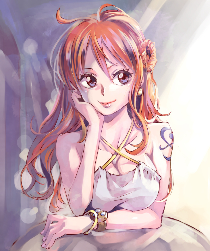 arm_tattoo blue_eyes bracelet breasts chin_rest cleavage commentary_request criss-cross_halter dress earrings halterneck himerinco jewelry large_breasts lips long_hair nami_(one_piece) one_piece side_bun smile solo strap_gap tattoo