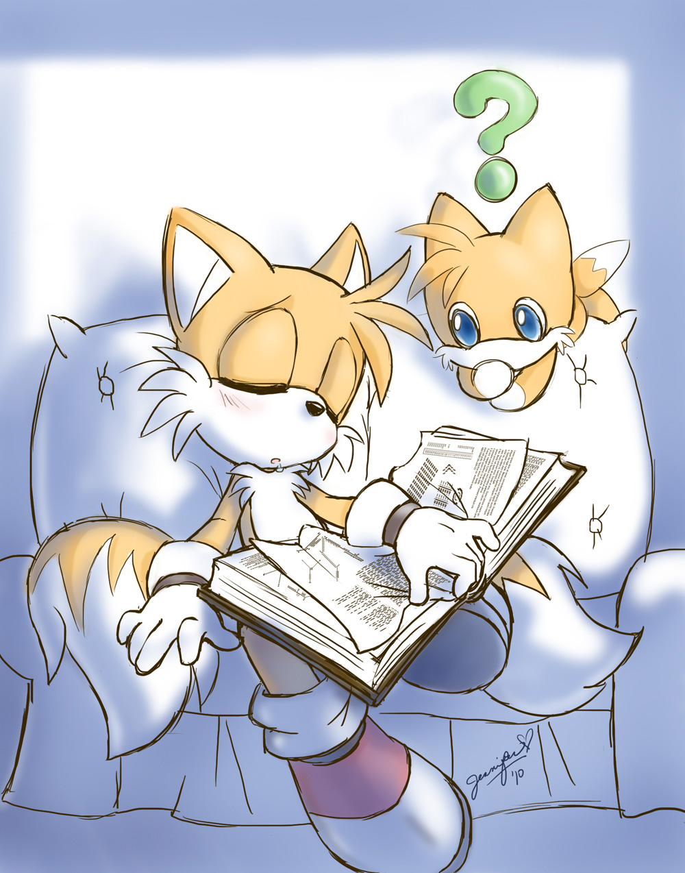 2010 ? anthro book canine chao cheek_tuft chest_tuft chibi-jen-hen clothing drooling duo eyes_closed footwear fox fur gloves inside male mammal miles_prower mostly_nude multi_tail open_mouth orange_fur pillow saliva shoes signature sitting sleeping sofa sonic_(series) tuft white_fur