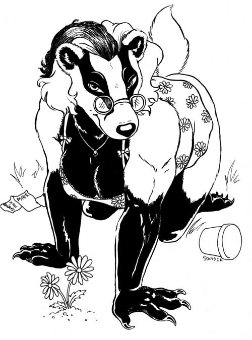 2000 anthro badger black_and_white bow breasts caribou_(artist) claws cleavage clothed clothing dress female flower hair jewelry mammal monochrome multicolored_hair mustelid necklace plant solo spectacles two_tone_hair