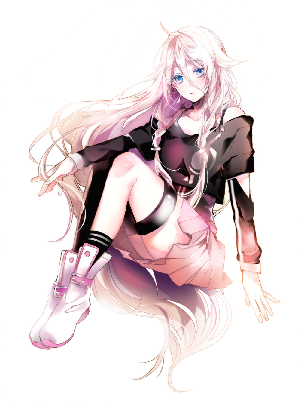 ahoge black_legwear black_shirt blonde_hair blue_eyes blush braid closed_mouth commentary eyebrows_visible_through_hair full_body hair_between_eyes highres ia_(vocaloid) legs_together long_hair long_sleeves looking_at_viewer mismatched_legwear off-shoulder_shirt off_shoulder pink_skirt pleated_skirt prin_dog shirt side_braid simple_background single_thighhigh skirt socks solo thighhighs thighs very_long_hair vocaloid white_background