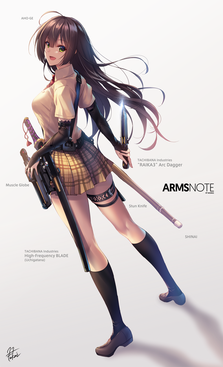 :d arms_note artist_name bangs black_legwear blush breasts brown_footwear brown_hair brown_skirt commentary_request copyright_name dagger detached_sleeves english engrish floating_hair fukai_ryousuke full_body green_eyes hair_between_eyes highres holding holding_weapon holster katana kneehighs kneepits loafers long_hair looking_back medium_breasts open_mouth plaid plaid_skirt ranguage school_uniform shadow sheath sheathed shinai shirt shoes short_sleeves sidelocks signature skirt smile standing sword thigh_holster thigh_strap very_long_hair weapon white_shirt