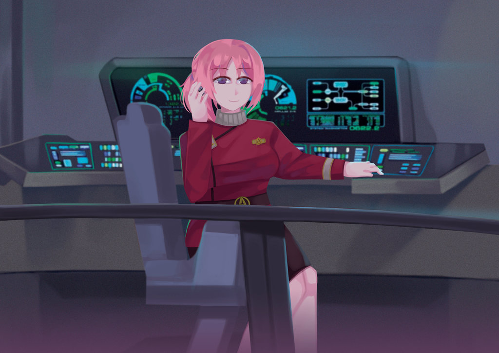 1girl cosplay crossover high_res highres hiiragi_kururu looking_at_viewer mankitsu_happening orange_hair purple_eyes red_uniform simple_illust star_trek star_trek:_the_wrath_of_khan