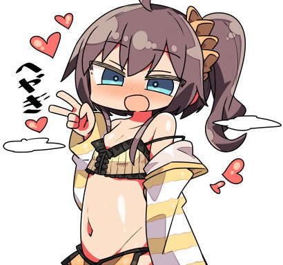 1girl :d ahoge bangs blue_eyes blush breasts brown_hair cleavage commentary_request crop_top eyebrows_visible_through_hair groin hair_between_eyes hair_ornament hair_scrunchie hand_up head_tilt heart kanikama long_hair long_sleeves lowres midriff navel nose_blush off_shoulder open_mouth orange_scrunchie orange_shorts original scrunchie shorts side_ponytail simple_background sleeves_past_wrists small_breasts smile solo strap_slip striped_jacket translation_request upper_body very_long_hair white_background
