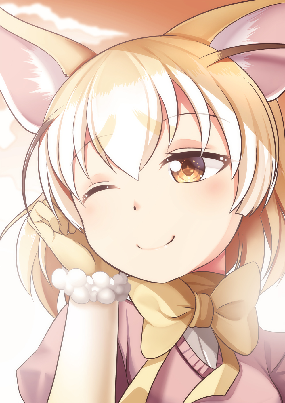 ;) animal_ears blonde_hair bow bowtie brown_eyes commentary dot_nose elbow_gloves eyebrows_visible_through_hair face fennec_(kemono_friends) fox_ears gloves hand_on_own_cheek highres kemono_friends looking_at_viewer one_eye_closed pink_shirt portrait puffy_sleeves shirt short_hair smile solo yasume_yukito yellow_gloves yellow_neckwear