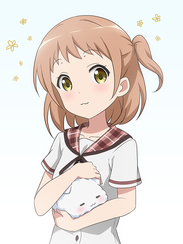 :3 =_= angora_rabbit animal bangs blouse blush breasts bunny closed_eyes closed_mouth collarbone commentary extra eyebrows_visible_through_hair flower gochuumon_wa_usagi_desu_ka? holding holding_animal hoto_cocoa's_school_uniform light_brown_hair looking_at_viewer one_side_up petting plaid_sailor_collar red_sailor_collar red_star_(toranecomet) sailor_collar school_uniform serafuku short_hair short_sleeves small_breasts tippy_(gochiusa) upper_body white_background white_blouse yellow_eyes