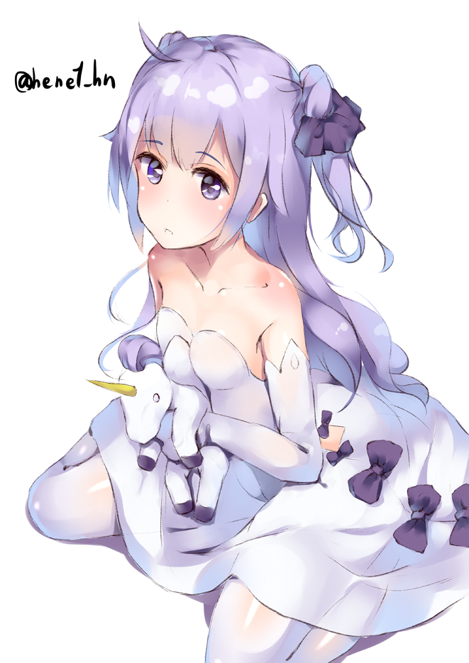 :o azur_lane bangs bare_shoulders black_bow black_ribbon blush bow collarbone commentary_request dress elbow_gloves eyebrows_visible_through_hair gloves hair_ribbon henet_hene holding holding_stuffed_animal long_hair looking_at_viewer looking_to_the_side parted_lips purple_eyes purple_hair ribbon simple_background sitting solo strapless strapless_dress stuffed_alicorn stuffed_animal stuffed_toy thighhighs twitter_username two_side_up unicorn_(azur_lane) very_long_hair wariza white_background white_dress white_gloves white_legwear