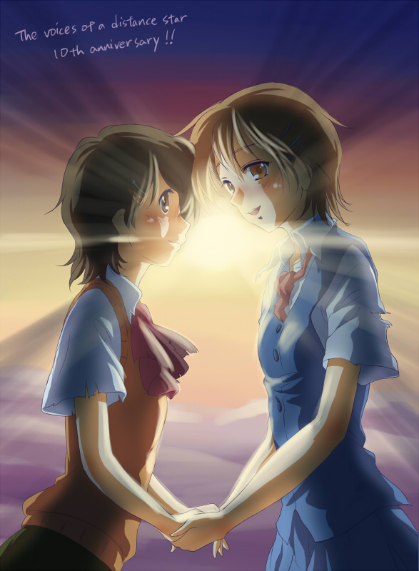 backlighting blush brown_eyes brown_hair commentary_request copyright_name creator_connection engrish hair_ornament hairclip holding_hands hoshi_no_koe hoshi_wo_ou_kodomo looking_at_viewer multiple_girls nagamine_mikako open_mouth ranguage school_uniform short_sleeves smile sweater_vest totsuki_touka_(orange_factory) watase_asuna