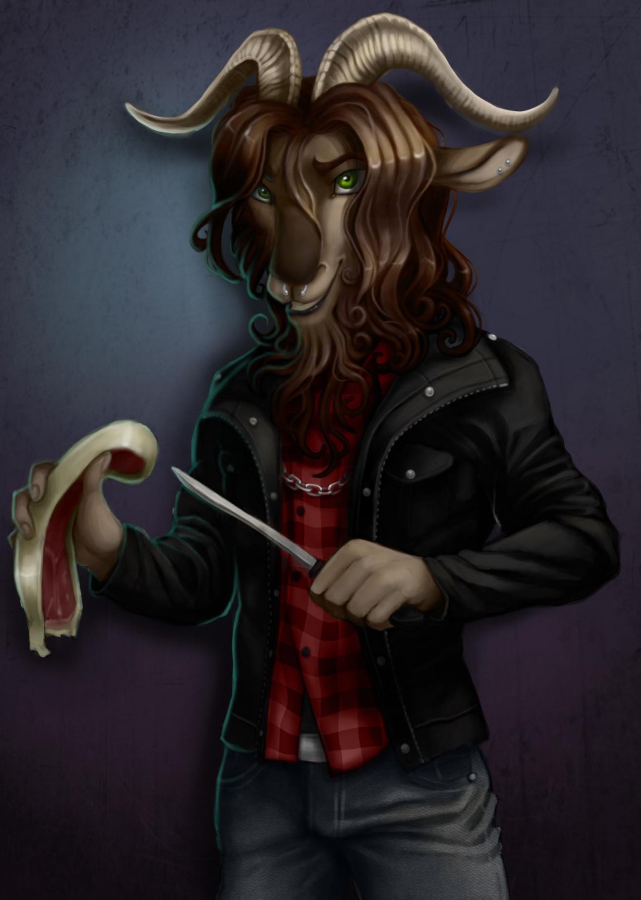 2017 4_fingers anthro arapawa_goat beard biped black_lips bovid brown_hair caprine chain clothed clothing curly_hair curved_horn digital_drawing_(artwork) digital_media_(artwork) domestic_goat ear_piercing ear_stud eyebrows facial_hair facial_piercing fauxlacine food fully_clothed goat gradient_background green_eyes grey_background hair half-length_portrait holding_food holding_object holding_weapon horn humanoid_hands jacket jeans knife leather leather_jacket lighting looking_up male mammal meat nose_piercing pants piercing plaid portrait purple_background raw_meat septum_piercing shadow shirt simple_background smile snout solo standing tan_horn teeth weapon
