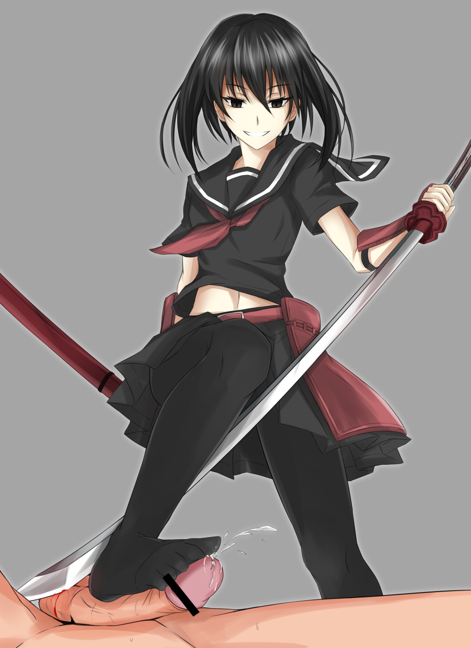 1girl akame_ga_kill! bar_censor black_legwear black_serafuku black_skirt blood censored clothed_female_nude_male femdom footjob grey_background grin highres katana kurome_(akame_ga_kill!) midriff nude pantyhose penis piro_(iiiiiiiiii) precum scabbard school_uniform serafuku sheath skirt smile sword testicles weapon white_background