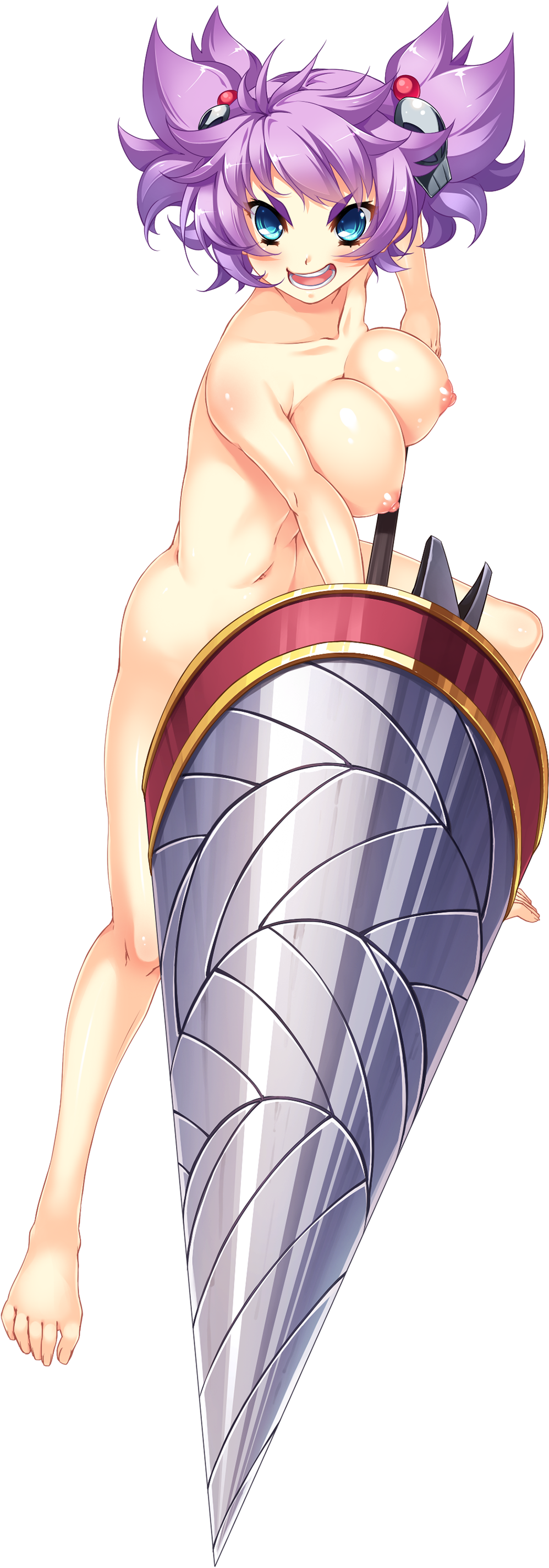absurdres barefoot blue_eyes breasts convenient_censoring drill full_body hair_ornament highres huge_weapon katagiri_hinata koihime_musou large_breasts legs_apart looking_at_viewer navel nipples non-web_source nude official_art open_mouth purple_hair riten shin_koihime_musou skull_hair_ornament solo transparent_background weapon