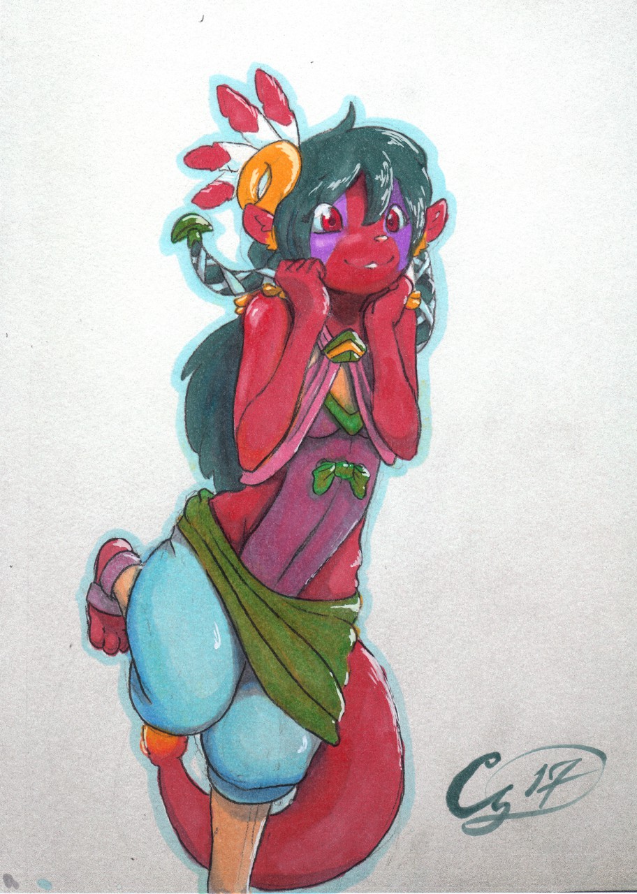 2017 3_toes anthro barefoot breasts breath_of_the_wild cainethelongshot clothed clothing copic costume female fur hair kitsunebi long_hair mammal markings mustelid nintendo red_eyes red_fur rei rito shindorei simple_background sketch smile solo standing the_legend_of_zelda toes traditional_media_(artwork) video_games white_background