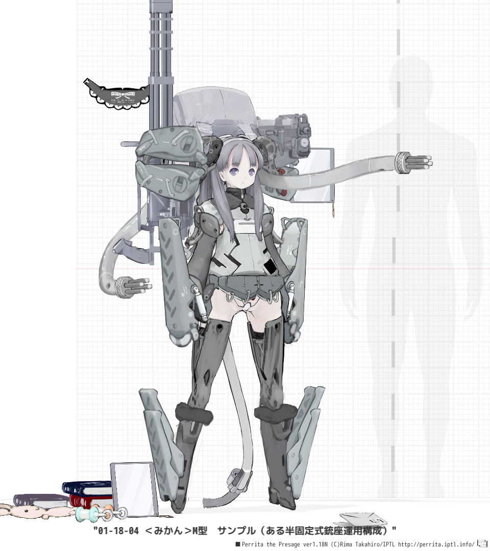 android artist_name bangs book boots bottomless bullpup cable copyright_name envelope expressionless eyebrows_visible_through_hair full_body gatling_gun gauntlets grey_hair grid_background gun hairband headgear letter long_hair original p90 parted_bangs pasties purple_eyes rima_takahiro size_comparison solo standing stuffed_animal stuffed_toy submachine_gun thigh_boots thighhighs weapon