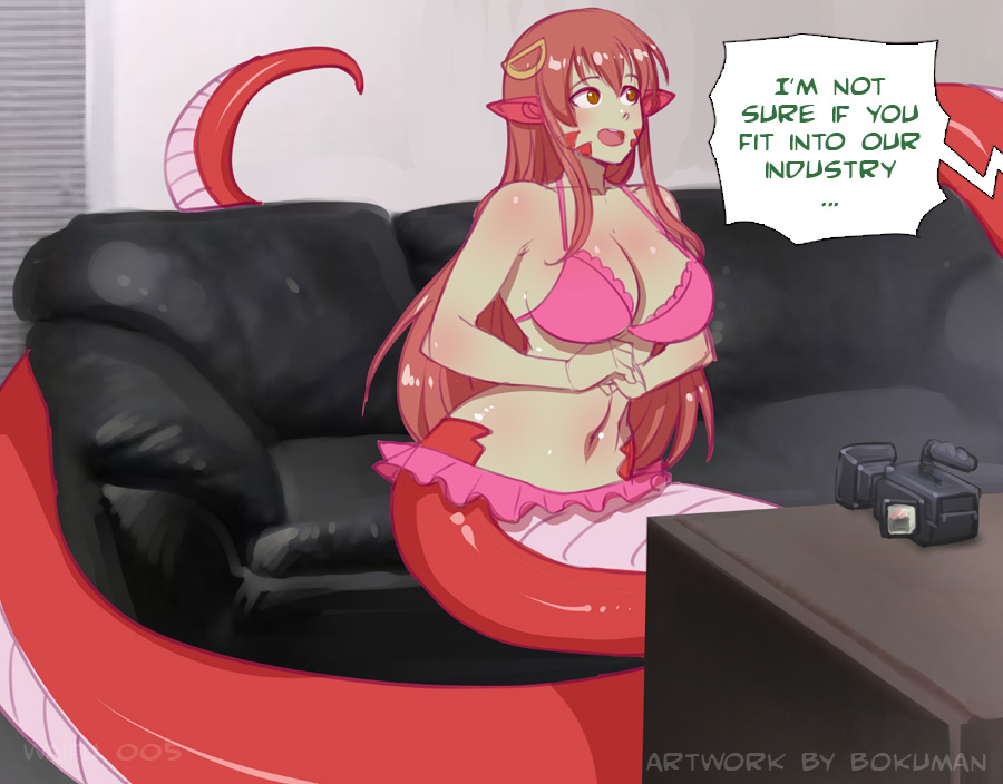 1girl belly bokuman bra breasts couch desk eyebrows lamia long_hair miia_(monster_musume) monster_girl monster_musume_no_iru_nichijou open_mouth red_hair sitting smile stomach text_focus underwear