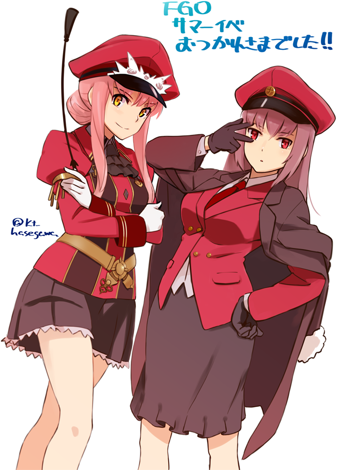 alluring_chief_warden_look alternate_costume black_gloves commentary_request cravat fate/extra fate/grand_order fate_(series) gloves hand_on_hip hasegawa_keita hat holding_whip jacket_on_shoulders long_hair medb_(fate)_(all) medb_(fate/grand_order) multiple_girls necktie pink_hair purple_hair red_eyes red_neckwear riding_crop scathach_(fate)_(all) scathach_(fate/grand_order) translation_request twitter_username whip white_background