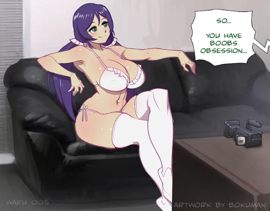 1girl belly blush bokuman bra breasts couch desk eyebrows green_eyes long_hair love_live! love_live!_school_idol_project panties purple_hair sitting smile stomach text_focus tied_hair toujou_nozomi underwear