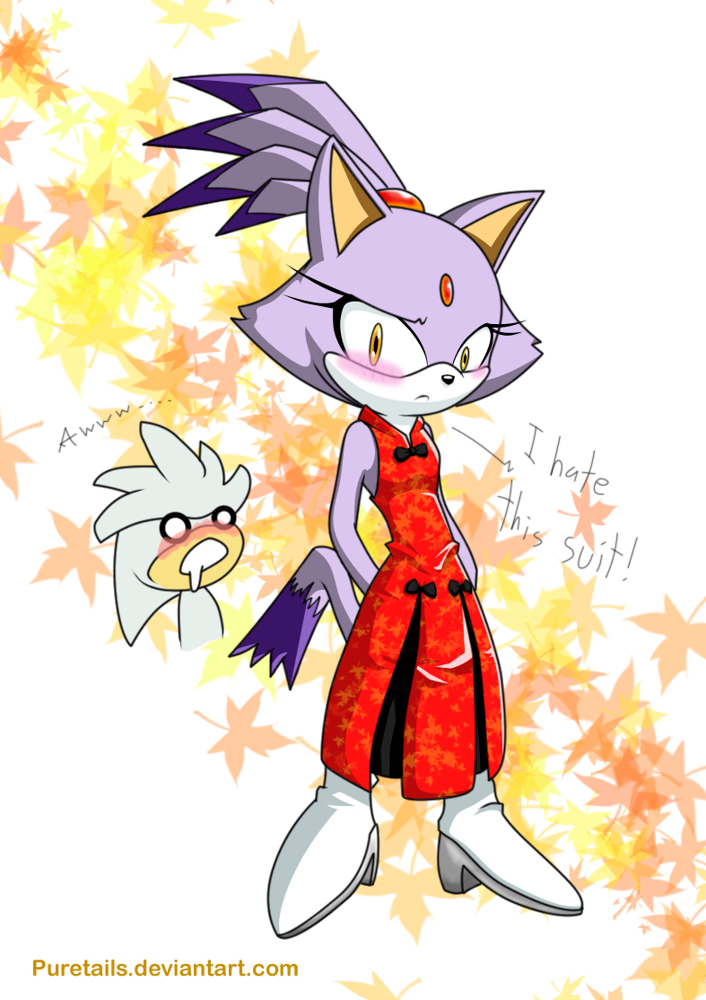 2008 anthro blaze_the_cat cat chinese_clothing chinese_dress clothed clothing dress feline hedgehog leaf mammal puretails silver_the_hedgehog sonic_(series) text