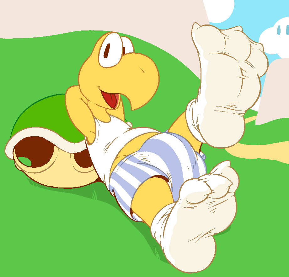 2016 3_toes aliasing anthro belly big_bulge biped black_eyes bulge claws clothing cloud digital_drawing_(artwork) digital_media_(artwork) feet foot_focus grass hands_behind_head humanoid_feet koopa_troopa legwear looking_away male midriff musk open_mouth open_smile outside red_tongue reptile scalie shell shell-less shirt slightly_chubby smelly smelly_feet smile socks solo striped_clothing striped_underwear sweat tank_top toe_claws toes turtle underwear vertical_bar_eyes white_clothing white_socks yellow_skin yowesephth