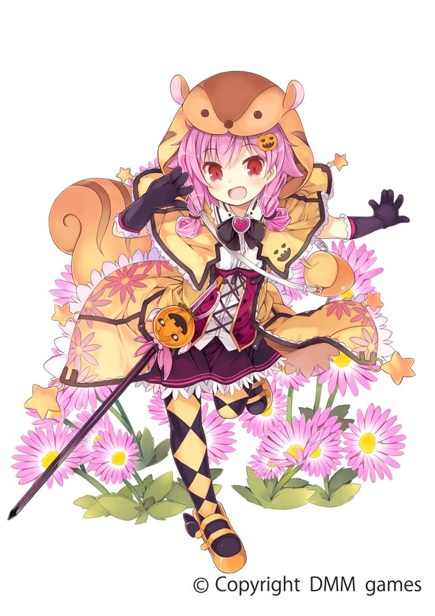 :d acorn_bag animal_ears animal_hood argyle argyle_legwear arm_up bag bangs black_bow black_gloves blush bow capelet collared_shirt commentary_request daisy daisy_(flower_knight_girl) eyebrows_visible_through_hair fang floral_print flower flower_knight_girl full_body gloves hair_between_eyes hair_flaps hair_ornament hair_tie halloween heart hood hood_up hooded_capelet jack-o'-lantern jack-o'-lantern_hair_ornament jacket kurasuke long_hair looking_at_viewer low_twintails object_namesake official_art open_clothes open_jacket open_mouth orange_footwear orange_jacket outstretched_arm pantyhose pink_hair pleated_skirt print_jacket purple_skirt red_eyes shirt shoes shoulder_bag simple_background skirt smile solo squirrel_ears squirrel_girl squirrel_hood squirrel_tail standing standing_on_one_leg star sword tail twintails underbust weapon white_background white_shirt