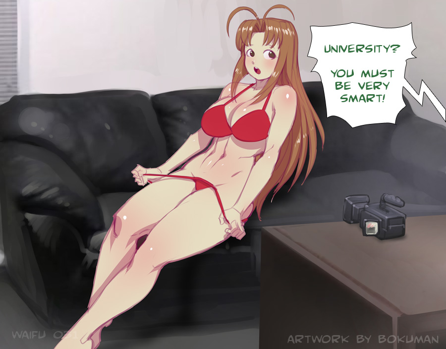 1girl belly bokuman bra breasts brown_hair couch eyebrows long_hair love_hina narusegawa_naru open_mouth panties sitting stomach text_focus underwear undressing
