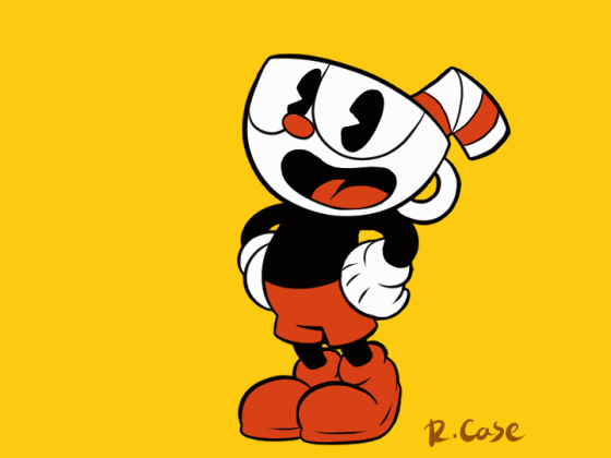 30s animated animated_gif cartoon cartoonized commentary cuphead cuphead_(game) full_body gloves male_focus pac-man_eyes robert_j_case shorts solo white_gloves yellow_background