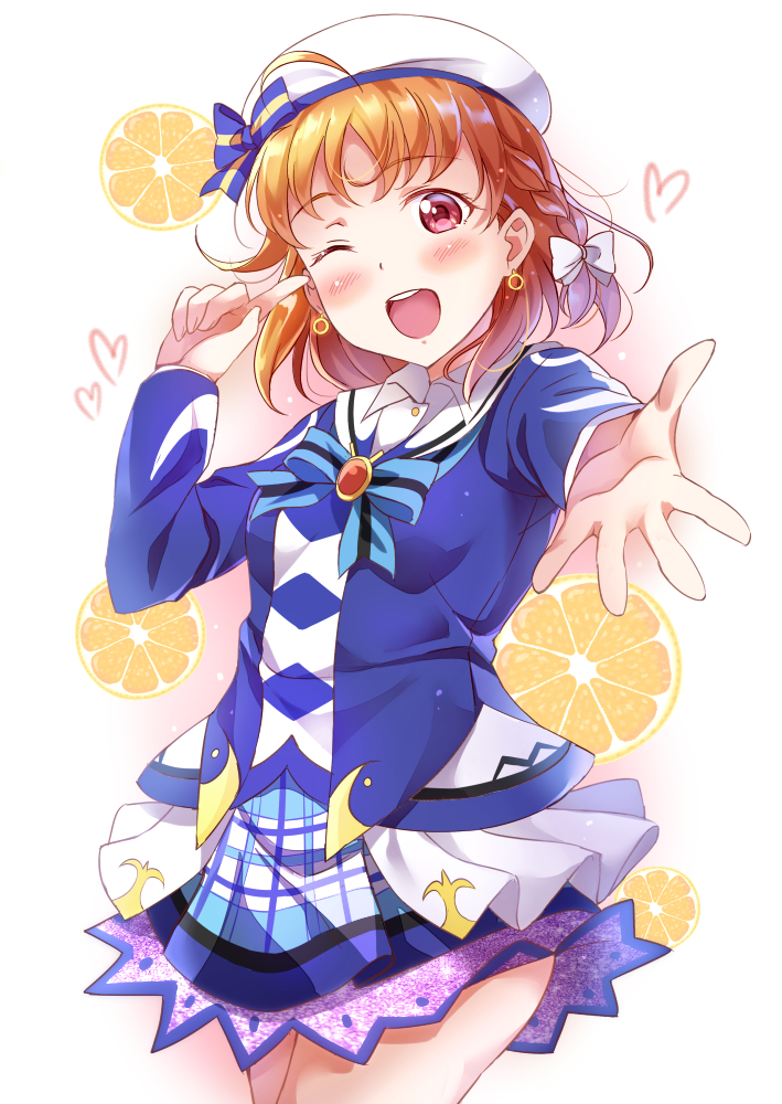 ;d ahoge bangs beret blush bow bowtie braid brooch collared_shirt commentary_request cowboy_shot earrings eyebrows_visible_through_hair food fruit hair_bow hat hat_bow heart jewelry long_sleeves looking_at_viewer love_live! love_live!_sunshine!! mirai_no_bokura_wa_shitteru_yo one_eye_closed open_mouth orange orange_hair outstretched_arm pointing pointing_at_self red_eyes shirt side_braid skirt smile solo striped striped_neckwear takami_chika tipii white_bow