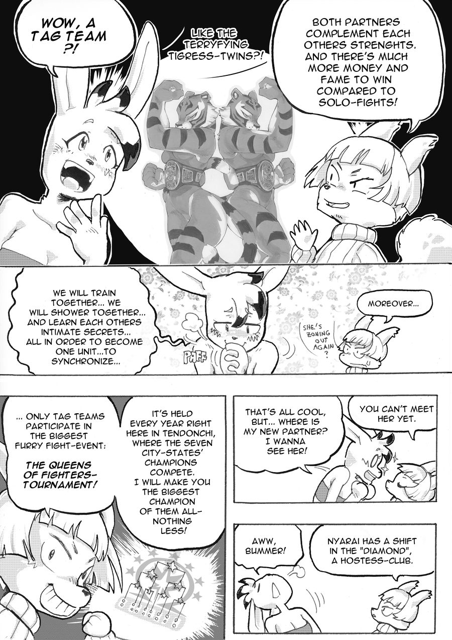 belt breasts cleavage clothed clothing comic cookie_(furryfight_chronicles) daigaijin dialogue english_text feline furryfight_chronicles happy lagomorph leotard mammal midriff muko rabbit rodent shorts text tiger tigress-twins tournament_bracket tube_top