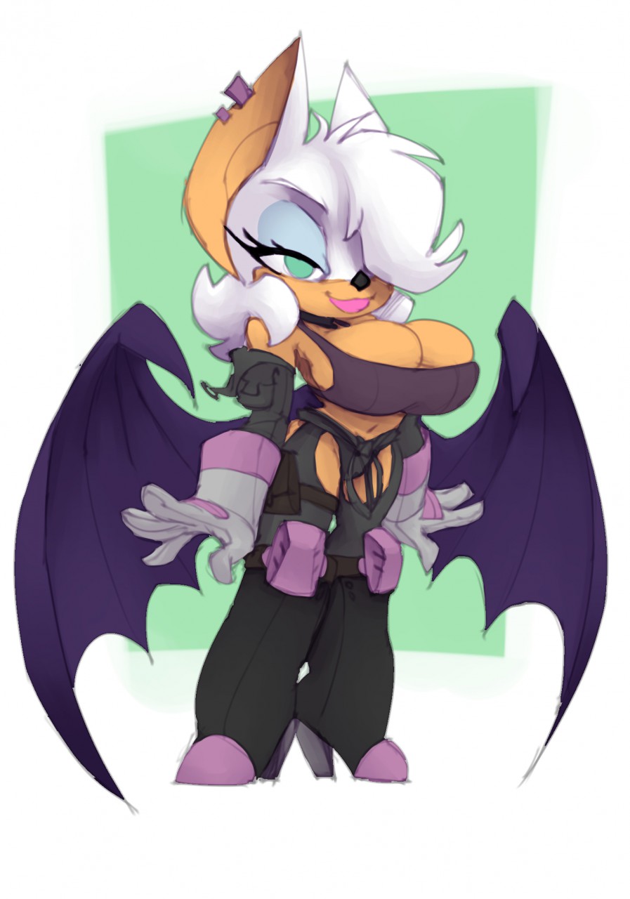anthro bat big_breasts bigdad breasts chibi clothed clothing ear_piercing female makeup mammal mascara piercing rouge_the_bat smile solo sonic_(series) standing voluptuous wings