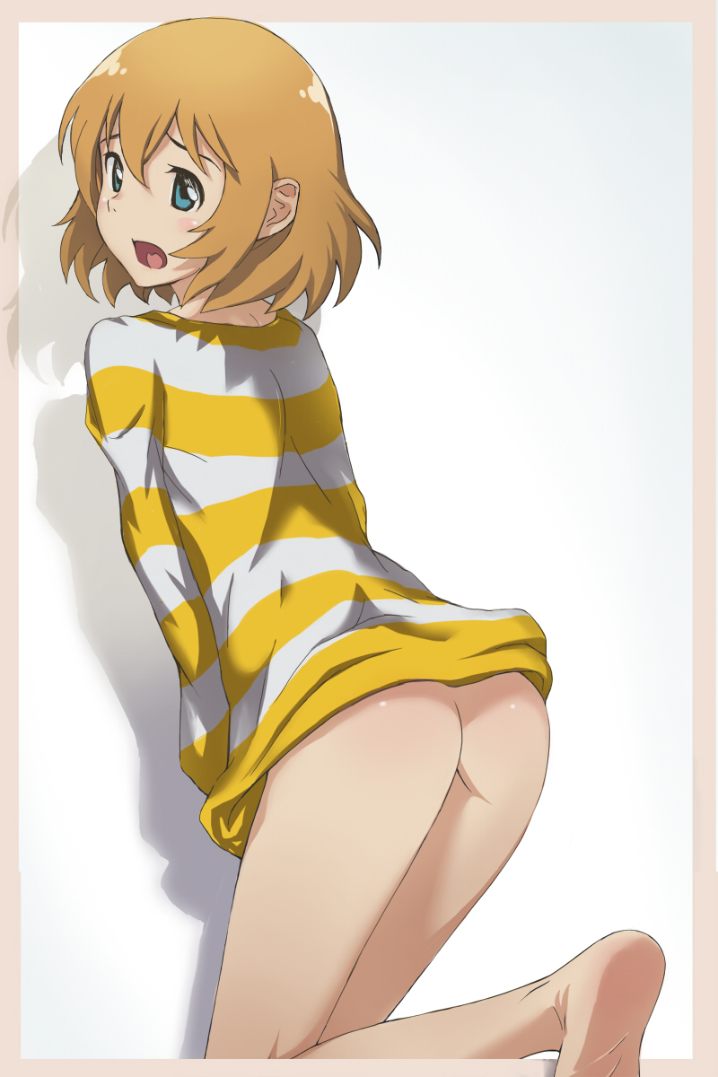 androgynous artist_request ass barefoot blonde_hair blue_eyes bottomless feet from_behind heroman highres joey_jones looking_back male_focus no_panties open_mouth otoko_no_ko solo