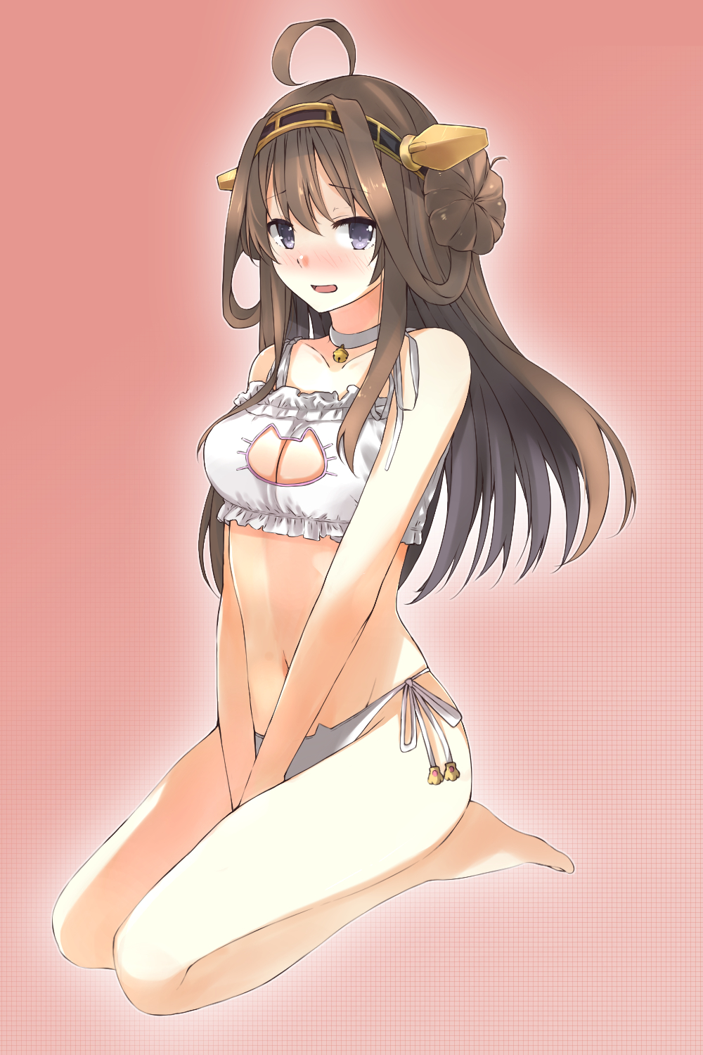 :d ahoge bangs bare_arms bare_legs bare_shoulders barefoot bell bell_choker between_legs black_neckwear blush bra breasts brown_hair cat_cutout cat_ear_panties cat_lingerie choker cleavage cleavage_cutout collarbone eyebrows_visible_through_hair frilled_bra frills full_body hair_bun hand_between_legs headgear highres jingle_bell kantai_collection kongou_(kantai_collection) long_hair looking_at_viewer medium_breasts meme_attire myuto_(advent_retribution) navel nose_blush open_mouth own_hands_together panties purple_eyes seiza side-tie_panties sitting smile solo stomach underwear underwear_only v_arms white_bra white_panties