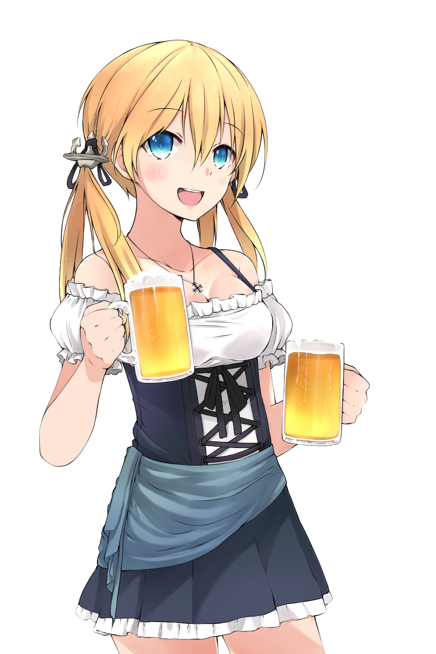 :d alcohol alternate_costume anchor_hair_ornament bare_shoulders beer beer_mug black_dress blonde_hair blue_eyes blush bra_strap breasts cleavage collarbone cowboy_shot cup dirndl dress eyebrows_visible_through_hair frilled_dress frilled_sleeves frills german_clothes hair_between_eyes hair_ornament highres holding holding_cup jewelry kantai_collection long_hair looking_at_viewer medium_breasts myuto_(advent_retribution) necklace off-shoulder_dress off_shoulder open_mouth pendant prinz_eugen_(kantai_collection) puffy_short_sleeves puffy_sleeves round_teeth short_sleeves smile solo standing strap_gap tareme teeth transparent_background underbust