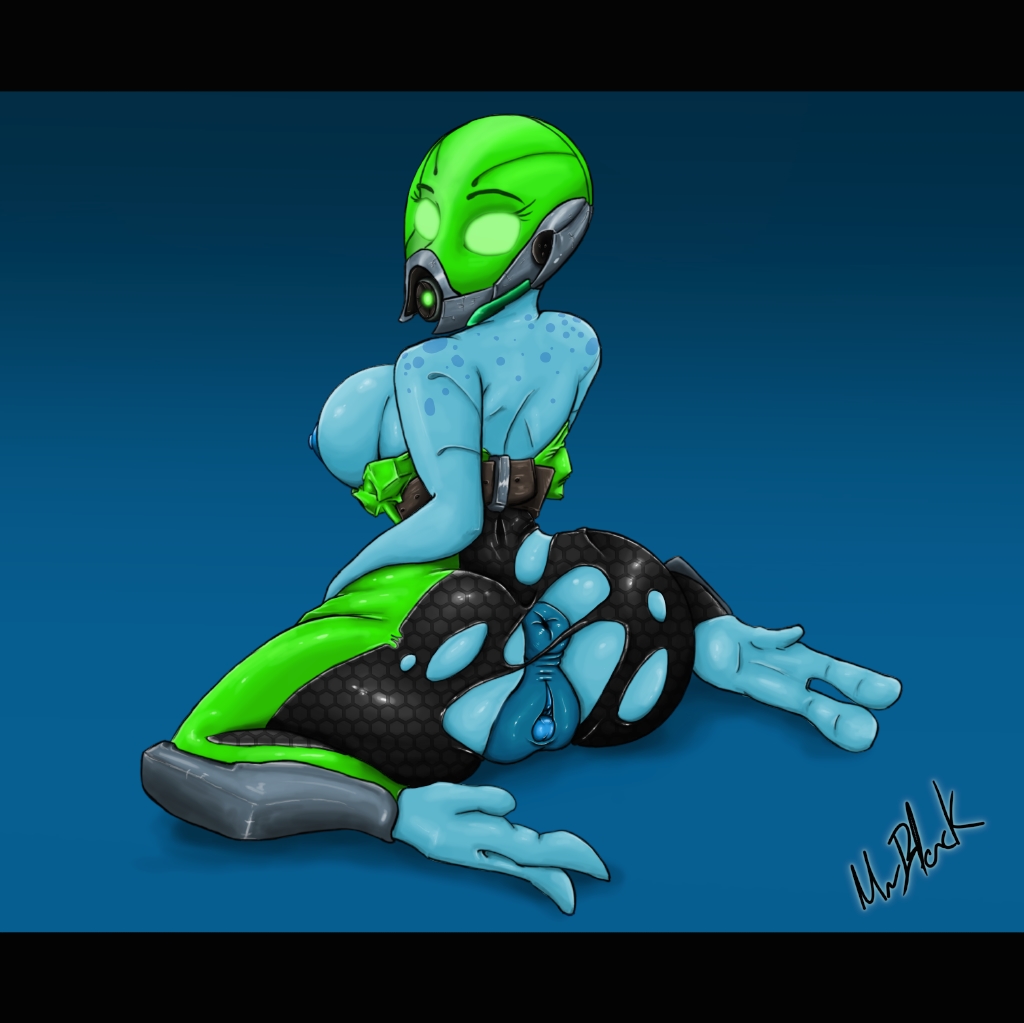 alien anus big_breasts big_butt breasts butt female humanoid line_art mask mass_effect mrblack86 not_furry nude pussy quarian suite video_games