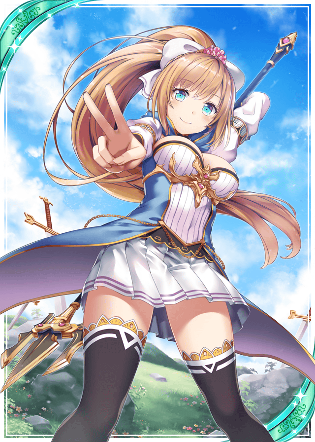 akkijin blue_eyes blue_sky breasts brown_hair card_(medium) cloud day field frilled_skirt frills hair_ribbon lance looking_at_viewer medium_breasts official_art polearm ponytail ribbon shinkai_no_valkyrie skirt sky smile solo sword thighhighs trident v weapon white_ribbon