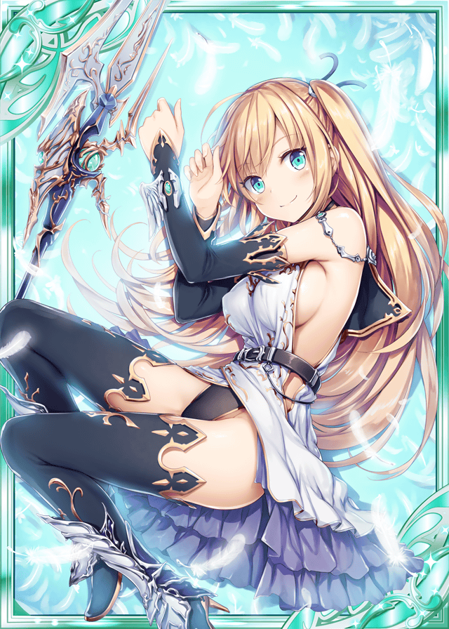 akkijin bare_shoulders blue_eyes boots brown_hair card_(medium) dress feathers high_heel_boots high_heels lance official_art polearm shinkai_no_valkyrie sitting solo thighhighs trident underwear weapon white_dress