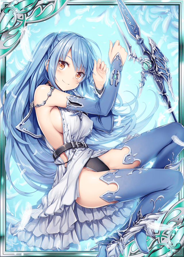 akkijin bare_shoulders blue_hair boots card_(medium) dress feathers high_heel_boots high_heels lance official_art polearm shinkai_no_valkyrie sitting solo thighhighs trident underwear weapon white_dress yellow_eyes