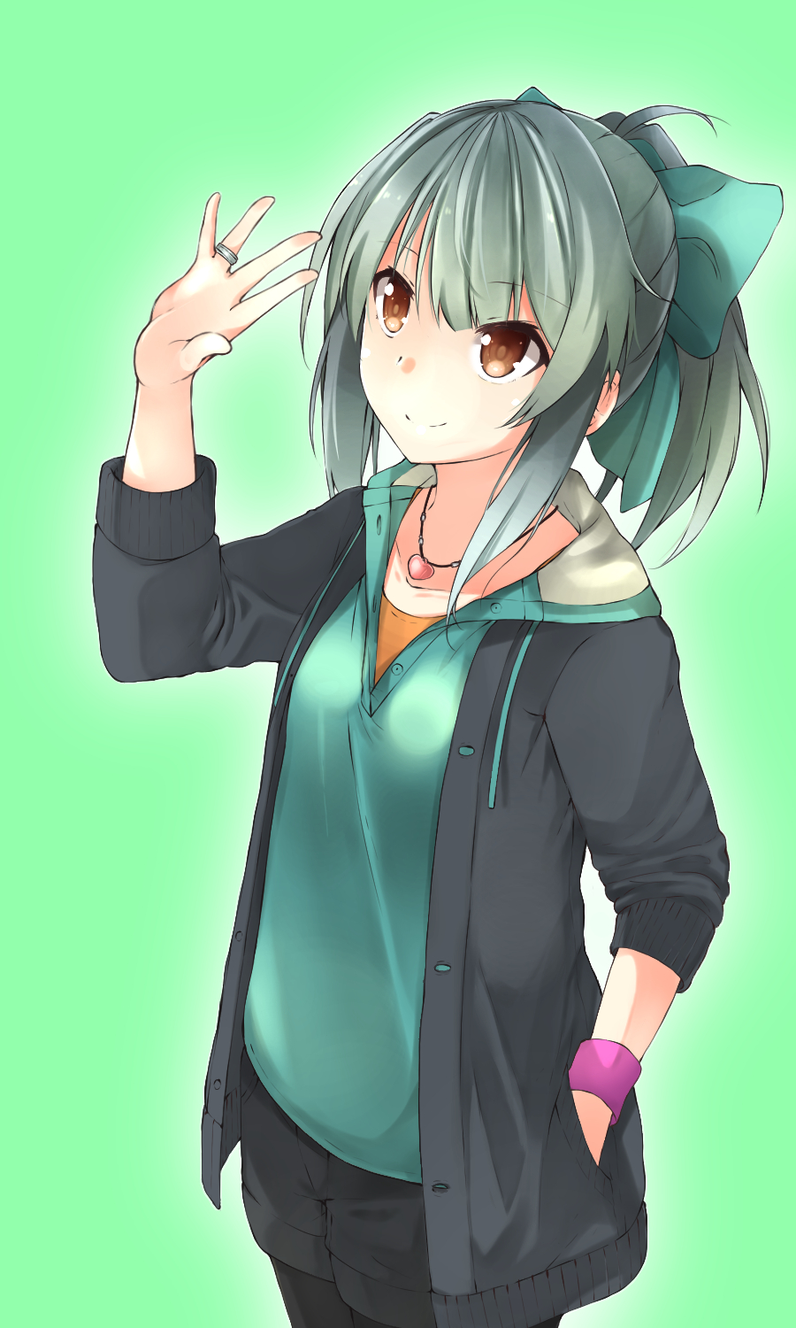 ahoge alternate_costume aqua_bow bangs black_jacket black_legwear black_shorts blush bow brown_eyes casual closed_mouth collarbone cowboy_shot green_background green_hair hair_bow hand_in_pocket hand_up heart heart_necklace highres hood hood_down jacket jewelry kantai_collection long_hair long_sleeves myuto_(advent_retribution) open_clothes open_jacket pantyhose pantyhose_under_shorts pendant ponytail ring shorts simple_background smile solo spread_fingers standing sweatband unbuttoned wedding_band yuubari_(kantai_collection)