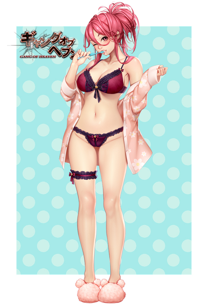 bare_legs bare_shoulders blush bra breasts cleavage collarbone copyright_name frilled_bra frilled_panties frills full_body gang_of_heaven groin large_breasts leg_garter legs_apart lingerie long_hair long_sleeves looking_at_viewer masami_chie navel off_shoulder official_art one_eye_closed open_pajamas outside_border pajamas panties pink_footwear pink_shirt polka_dot polka_dot_background ponytail print_shirt purple_bra purple_garter purple_panties red_eyes red_hair shirt sidelocks slippers solo standing stomach unbuttoned underwear