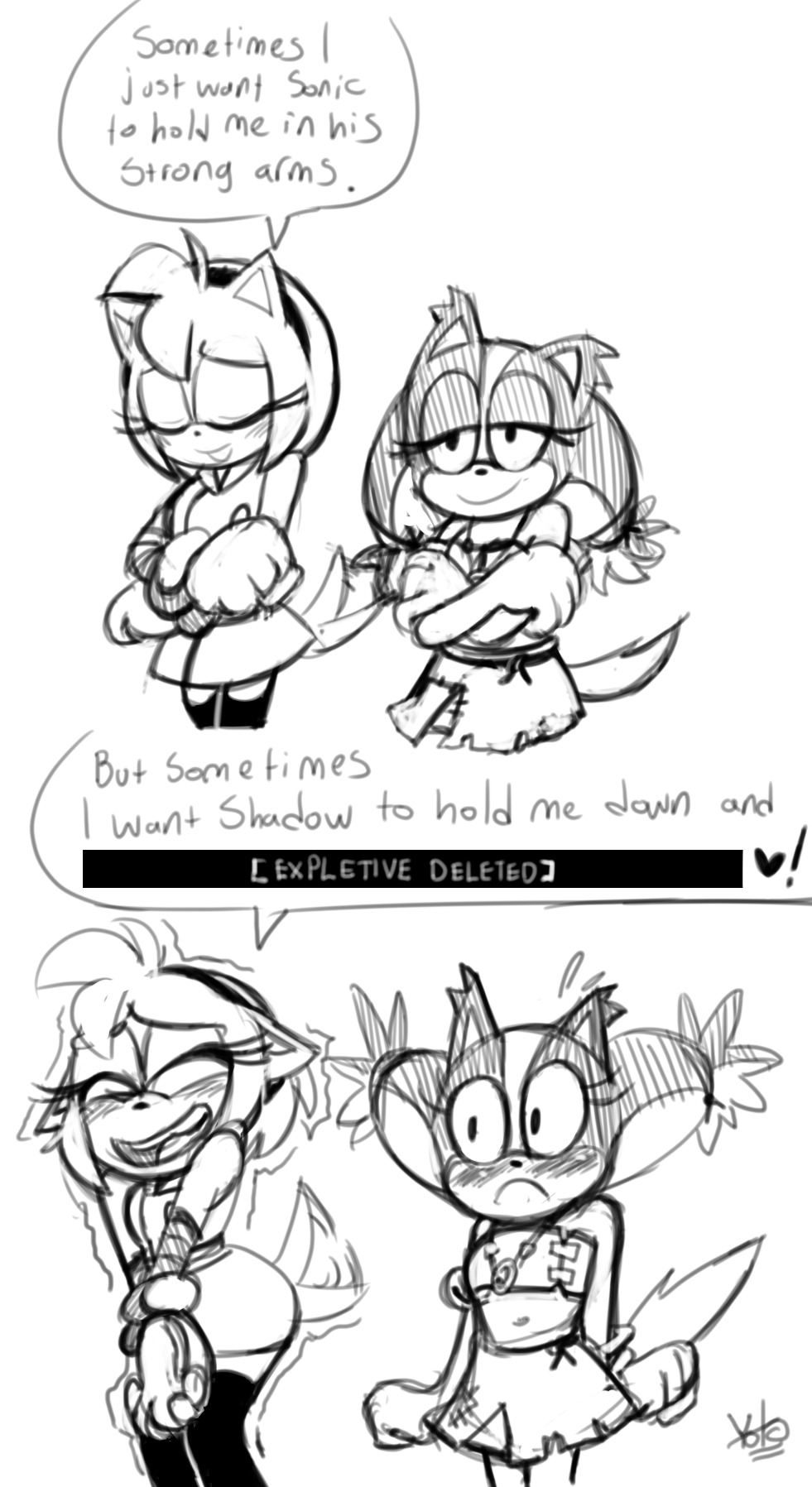 &lt;3 amy_rose anthro badger black_and_white blush censor_bar crossed_arms dialogue english_text eyelashes eyes_closed female half-closed_eyes hedgehog humor mammal monochrome mustelid open_mouth shaking signature smile sonic_(series) sonic_boom speech_bubble sticks_the_jungle_badger surprise text trembling yotomoe