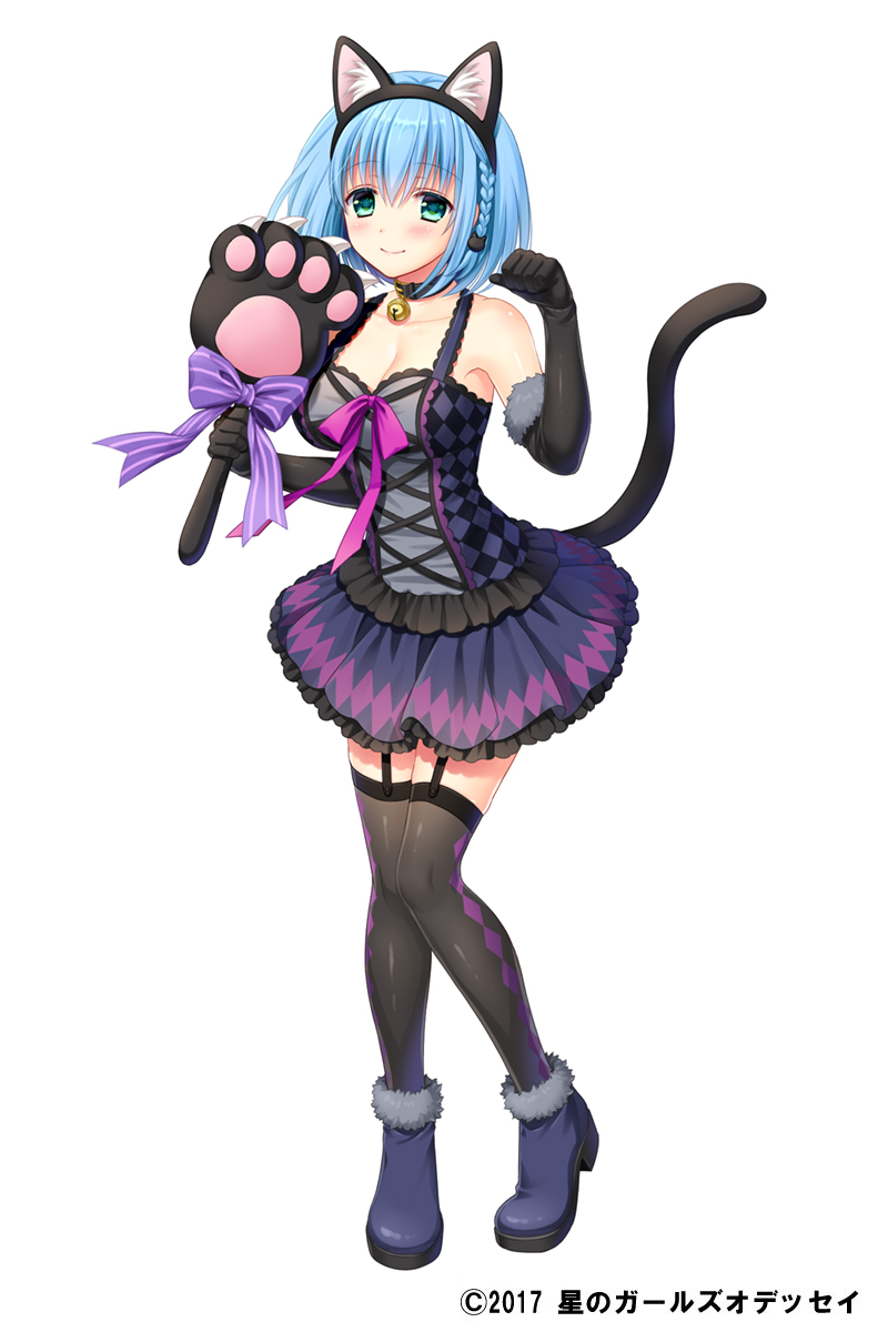 2017 adhara_(hoshi_no_girls_odyssey) animal_ears argyle argyle_legwear bell bell_choker black_gloves black_legwear black_neckwear blue_footwear blue_hair bow braid breasts cat_hair_ornament cat_tail choker cleavage closed_mouth collarbone copyright_name elbow_gloves fake_animal_ears full_body gloves green_eyes hagino_kouta hair_ornament highres holding holding_wand hoshi_no_girls_odyssey looking_at_viewer medium_breasts official_art paw_pose purple_bow shoes short_hair simple_background skirt smile solo standing striped striped_bow tail thigh_strap thighhighs wand white_background