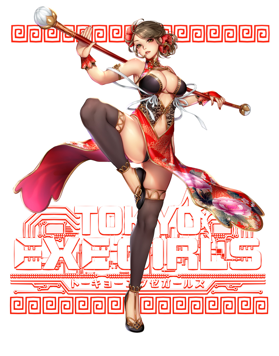 armlet armpits bangs bare_shoulders black_footwear black_legwear black_panties blush breasts brown_eyes brown_hair chinese_clothes cleavage cleavage_cutout copyright_name fighting_stance floral_print full_body hair_ornament highres holding holding_staff large_breasts leg_up lips looking_at_viewer masami_chie navel navel_cutout official_art panties pantyshot pantyshot_(standing) parted_lips pelvic_curtain short_hair skindentation solo staff standing standing_on_one_leg swept_bangs thighhighs tokyo_exe_girls underwear wrist_cuffs