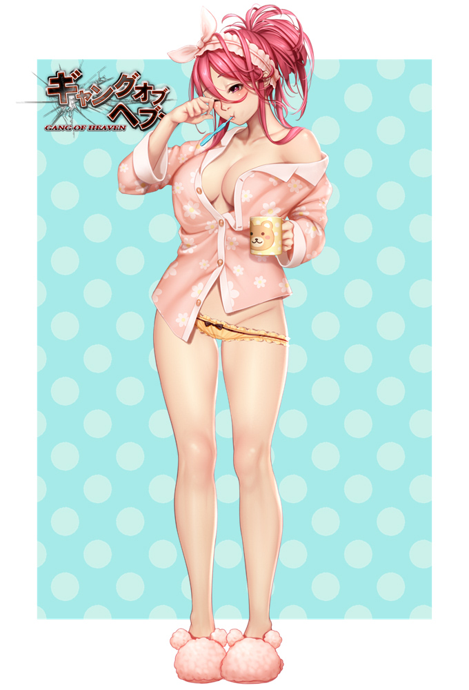 bare_legs black_bow blush bow bow_panties breasts cleavage coffee_mug collarbone copyright_name cup floral_print frills full_body gang_of_heaven groin hair_between_eyes hairband holding large_breasts legs_apart long_hair long_sleeves looking_down masami_chie mouth_hold mug no_bra off_shoulder official_art one_eye_closed outside_border pajamas panties partially_unbuttoned pink_footwear pink_shirt polka_dot polka_dot_background ponytail print_shirt red_eyes red_hair shirt sidelocks single_bare_shoulder slippers solo standing toothbrush underwear wiping_face yellow_panties