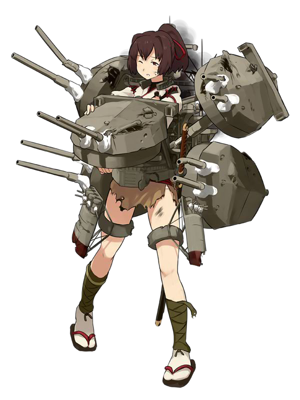 brown_eyes brown_hair damaged full_body hair_ribbon high_ponytail ise_(kantai_collection) kantai_collection katana leg_wrap long_hair looking_to_the_side official_art one_eye_closed open_mouth ponytail red_ribbon ribbon rigging sandals sheath sheathed shibafu_(glock23) skirt smoke solo soot sword tabi torn_clothes transparent_background turret weapon wince