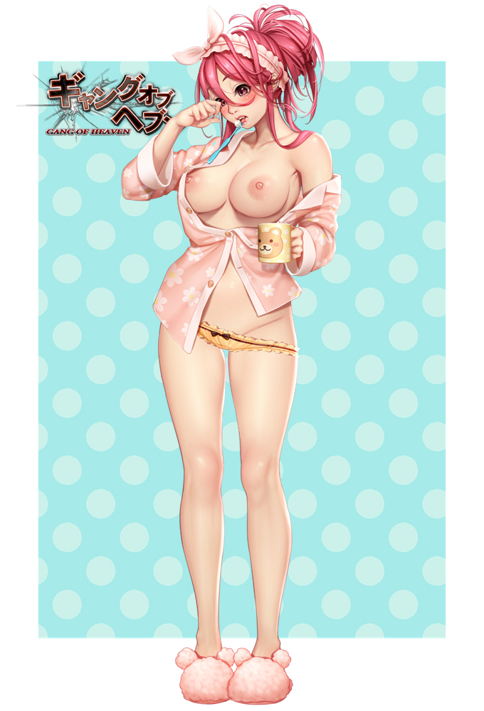 areolae bare_legs black_bow blush bow bow_panties breasts breasts_outside coffee_mug collarbone copyright_name cup floral_print full_body gang_of_heaven groin hair_ribbon holding large_areolae large_breasts legs_apart long_hair long_sleeves looking_down masami_chie mug nipples no_bra official_art open_mouth outside_border pajamas panties partially_unbuttoned pink_footwear pink_shirt polka_dot polka_dot_background ponytail print_shirt red_eyes red_hair ribbon shirt shirt_slip sidelocks slippers solo standing underwear yellow_panties