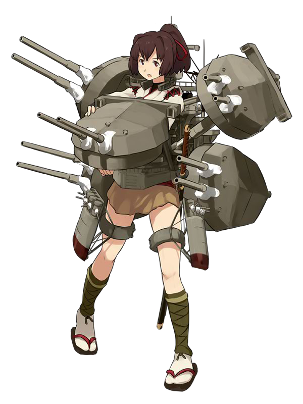 brown_eyes brown_hair full_body hair_ribbon high_ponytail ise_(kantai_collection) kantai_collection katana leg_wrap long_hair looking_to_the_side official_art open_mouth ponytail red_ribbon ribbon rigging sandals sheath sheathed shibafu_(glock23) skirt solo sword tabi transparent_background turret weapon