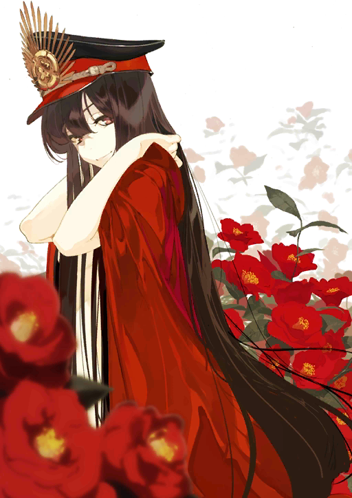 arms_behind_head bangs black_hair black_hat cape fate_(series) flower from_side hat koha-ace leaf long_hair looking_at_viewer naked_cape oda_nobunaga_(fate) oda_uri official_art pako peaked_cap plant red_cape red_eyes red_flower smile solid_white_thumbnail solo very_long_hair white_background