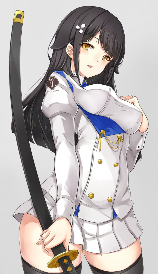 1girl animal_ears asya azur_lane bangs black_hair black_legwear blush bow breasts brown_eyes buttons choukai_(azur_lane) clothes_writing cowboy_shot dog_ears double-breasted eyebrows_visible_through_hair grey_background hair_between_eyes hair_ornament hand_on_own_chest holding holding_sword holding_weapon jacket juliet_sleeves katana large_breasts long_hair long_sleeves looking_at_viewer mole mole_on_thigh open_mouth pleated_skirt puffy_sleeves shirt sidelocks simple_background skirt smile solo sword thighhighs weapon white_jacket white_skirt