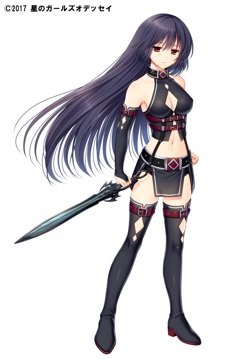 2017 belt black_footwear black_gloves black_hair black_skirt boots breasts bridal_gauntlets buckle cleavage cleavage_cutout copyright_name full_body gloves hagino_kouta halterneck highres holding holding_sword holding_weapon hoshi_no_girls_odyssey jitome long_hair looking_at_viewer medium_breasts nashira_(hoshi_no_girls_odyssey) official_art red_eyes reverse_grip simple_background skirt solo standing sword thigh_boots thighhighs weapon white_background