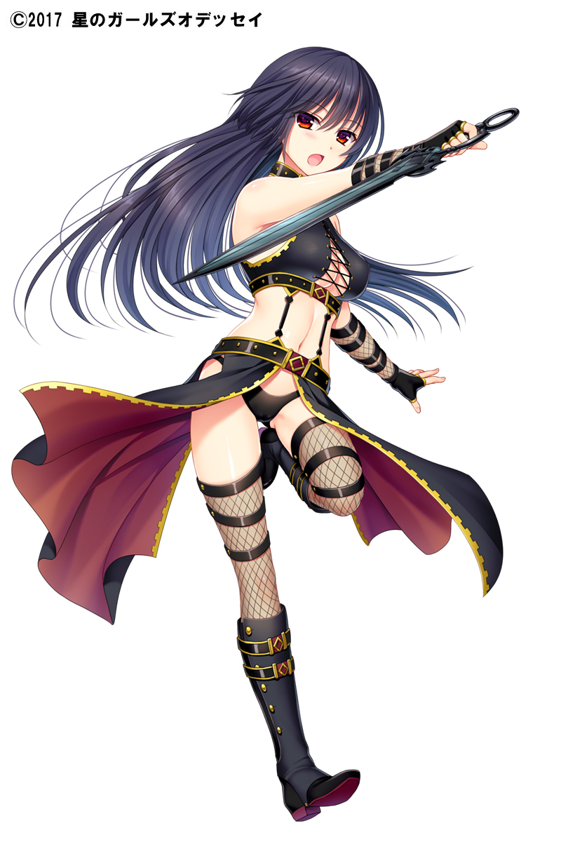 2017 :o black_footwear black_gloves black_hair black_panties black_skirt boots breasts cleavage copyright_name fingerless_gloves fishnet_legwear fishnets full_body gloves hagino_kouta highres holding holding_sword holding_weapon hoshi_no_girls_odyssey knee_boots long_hair looking_at_viewer medium_breasts nashira_(hoshi_no_girls_odyssey) navel official_art open_mouth panties red_eyes reverse_grip simple_background skirt solo standing standing_on_one_leg sword thighhighs underwear weapon white_background